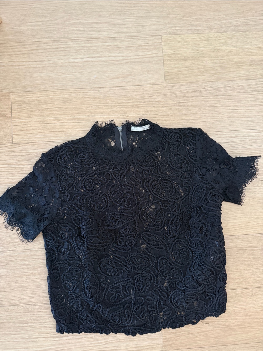 Zara Black Floral Lace Short-Sleeve Mock Neck Top